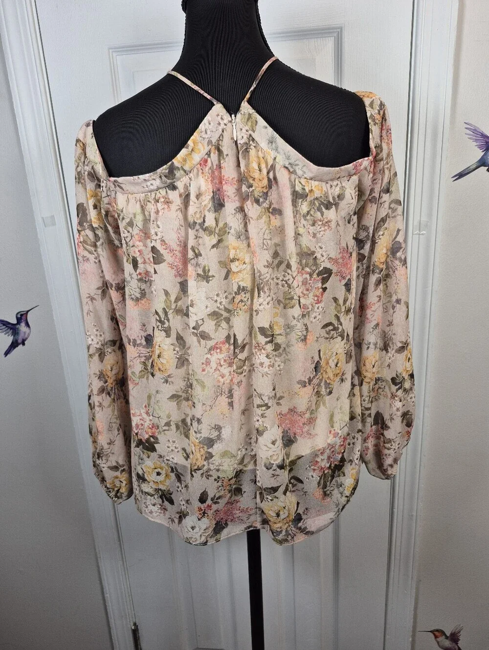 Whimsigoth Romantic Floral Sheer Balloon Sleeve Cold Shoulder Blouse S